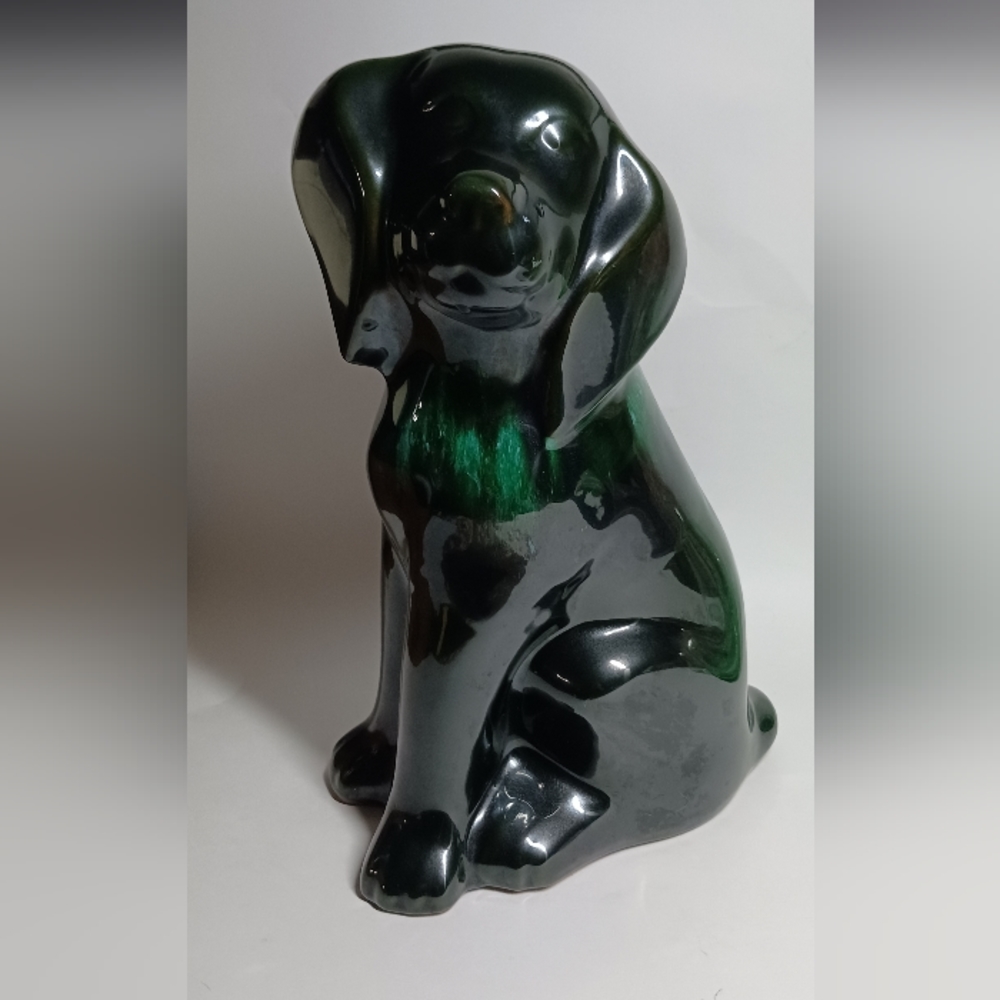 Vintage Blue Mountain Pottery Green And Black Glaze Dog Figurine 11" Canada